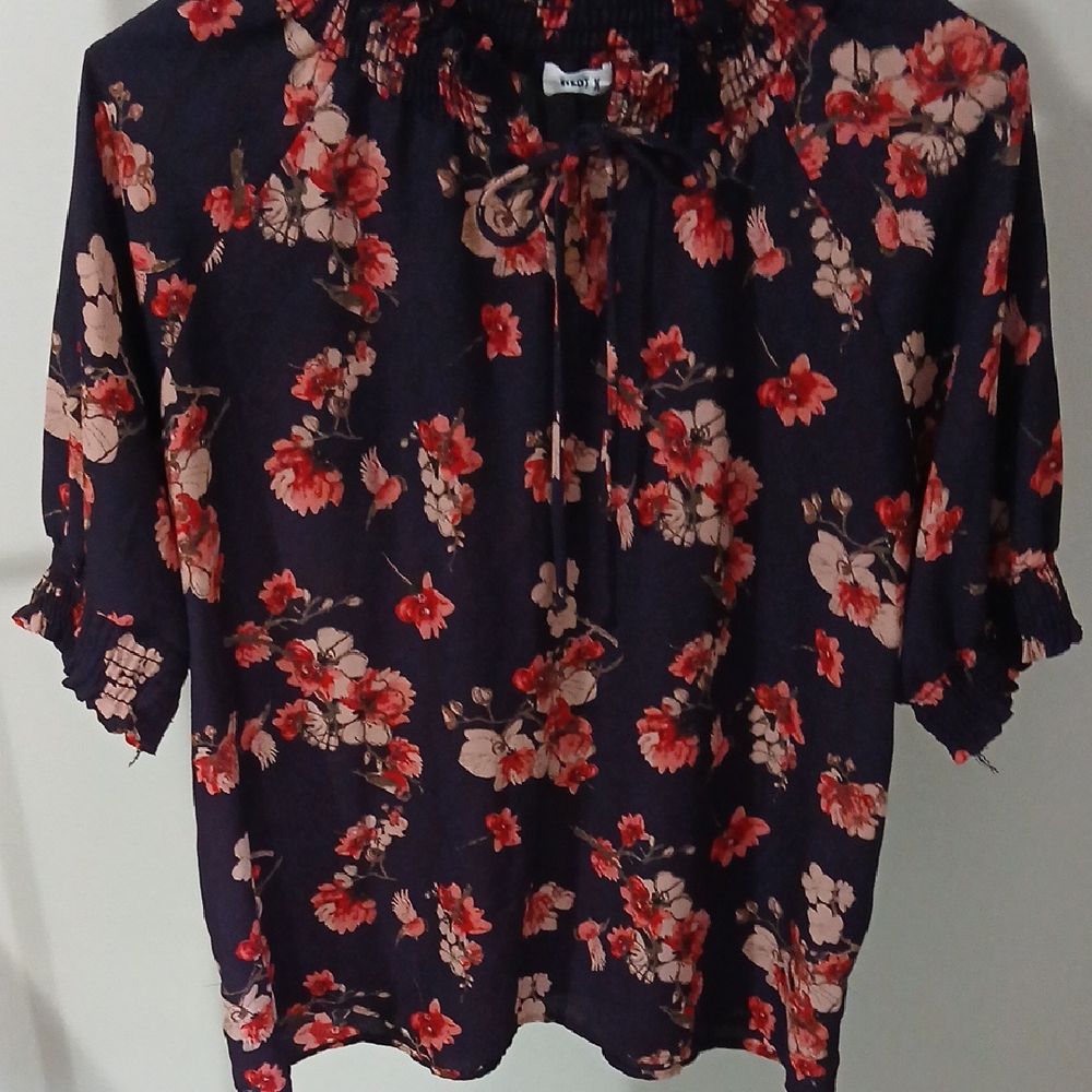 Red and Pink Graphic Blouse with Mandarin Collar